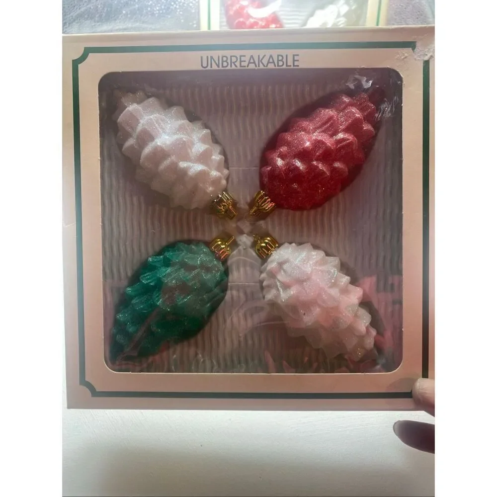 Vintage Trim A Home Unbreakable Pinecone Ornaments Set of 8 Glitter Holiday